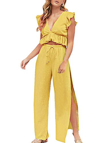 FANCYINN Jumpsuit Damen Zweiteiler 2 Teiler Crop Top Sexy V-Ausschnitt Hose mit Seitenschlitz Kordelzug Sommer Strand Urlaub Lässig Outfits Kurkuma XS von FANCYINN