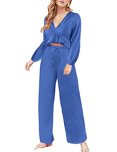 FANCYINN Damen 2-teiliger Trainingsanzug mit langen Ärmeln und Rüschen, Oberteil mit hoher Taille und weitem Bein von FANCYINN