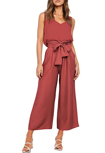 FANCYINN Damen 2 teiliges Crop Pants Set mit weitem Bein Wide Strap V-Ausschnitt Tank High Waist Cropped Paper Bag Hose mit Gürtel Braunrotes Oberteil & Hose S von FANCYINN