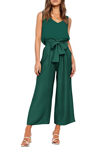 FANCYINN Damen 2 teiliges Crop Pants Set mit weitem Bein Wide Strap V-Ausschnitt Tank High Waist Cropped Paper Bag Hose mit Gürtel Dunkelgrünes Oberteil & Hose M von FANCYINN