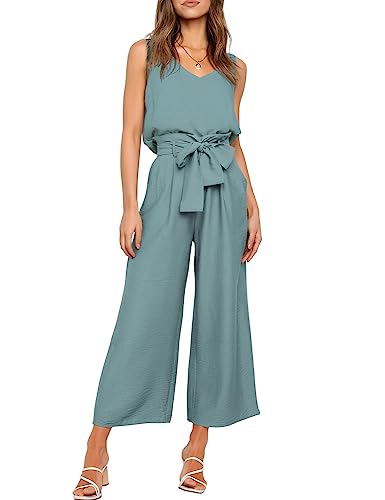 FANCYINN Damen 2 teiliges Crop Pants Set mit weitem Bein Wide Strap V-Ausschnitt Tank High Waist Cropped Paper Bag Hose mit Gürtel Haze Blue Oberteil & Hose M von FANCYINN