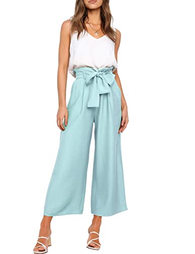 FANCYINN Damen 2 teiliges Crop Pants Set mit weitem Bein Wide Strap V-Ausschnitt Tank High Waist Cropped Paper Bag Hose mit Gürtel Hellblaue Hose und weißes Top L von FANCYINN