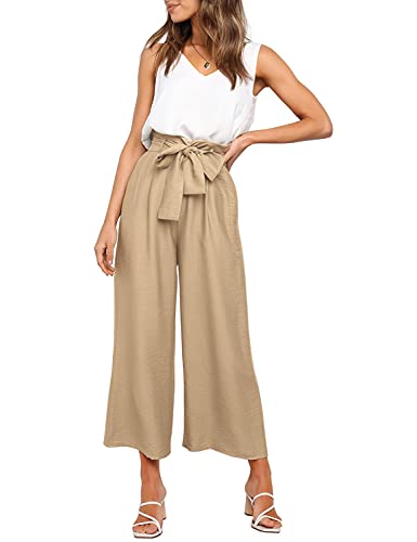 FANCYINN Damen 2 teiliges Crop Pants Set mit weitem Bein Wide Strap V-Ausschnitt Tank High Waist Cropped Paper Bag Hose mit Gürtel Khaki L von FANCYINN