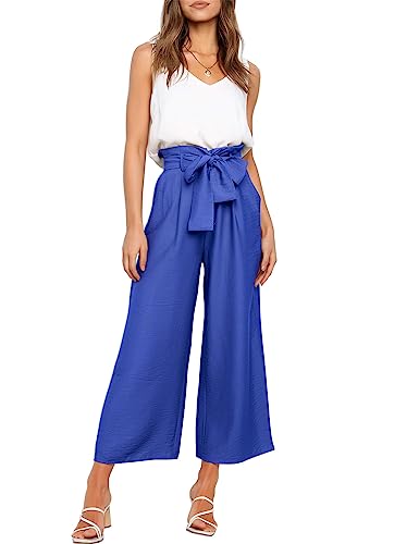 FANCYINN Damen 2 teiliges Crop Pants Set mit weitem Bein Wide Strap V-Ausschnitt Tank High Waist Cropped Paper Bag Hose mit Gürtel Königsblaue Hose & weißes Top M von FANCYINN