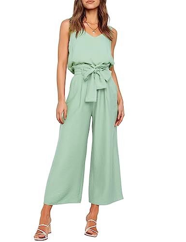 FANCYINN Damen 2 teiliges Crop Pants Set mit weitem Bein Wide Strap V-Ausschnitt Tank High Waist Cropped Paper Bag Hose mit Gürtel Mintgrünes Top und Hose mit weitem Bein L von FANCYINN