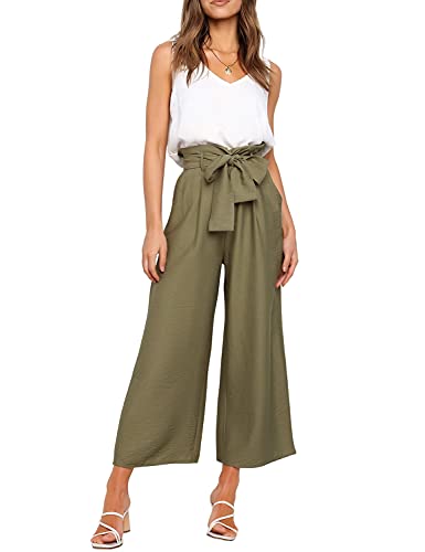 FANCYINN Damen 2 teiliges Crop Pants Set mit weitem Bein Wide Strap V-Ausschnitt Tank High Waist Cropped Paper Bag Hose mit Gürtel Olivgrün L von FANCYINN