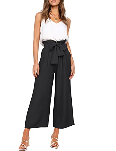 FANCYINN Damen 2 teiliges Crop Pants Set mit weitem Bein Wide Strap V-Ausschnitt Tank High Waist Cropped Paper Bag Hose mit Gürtel Schwarz L von FANCYINN