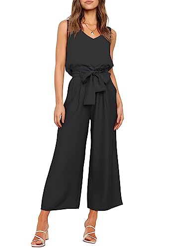 FANCYINN Damen 2 teiliges Crop Pants Set mit weitem Bein Wide Strap V-Ausschnitt Tank High Waist Cropped Paper Bag Hose mit Gürtel Schwarzes Top und Hose mit weitem Bein L von FANCYINN