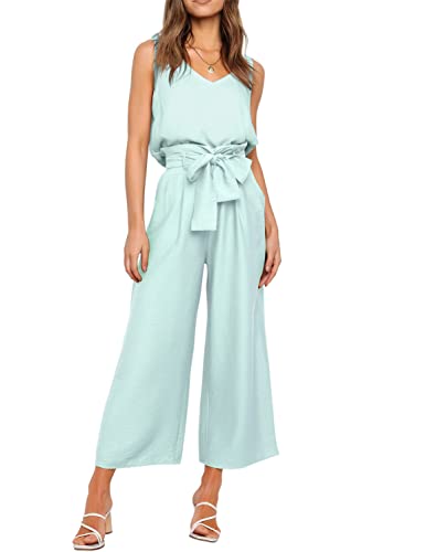 FANCYINN Damen 2 teiliges Crop Pants Set mit weitem Bein Wide Strap V-Ausschnitt Tank High Waist Cropped Paper Bag Hose mit Gürtel Zartes Frühlingsgrün Hose und Top L von FANCYINN