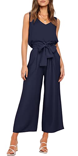 FANCYINN Damen 2 Teiliges Crop Pants Set mit Weitem Bein Wide Strap V-Ausschnitt Tank High Waist Cropped Paper Bag Hose mit Gürtel Blaues Oberteil und Blaue Hose M von FANCYINN