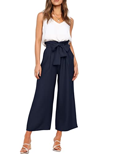 FANCYINN Damen 2 teiliges Crop Pants Set mit weitem Bein Wide Strap V-Ausschnitt Tank High Waist Cropped Paper Bag Hose mit Gürtel weiß Top und Meerblau Hose L von FANCYINN