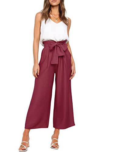 FANCYINN Damen 2 teiliges Crop Pants Set mit weitem Bein Wide Strap V-Ausschnitt Tank High Waist Cropped Paper Bag Hose mit Gürtel weiß Top und Weinrot Hose L von FANCYINN