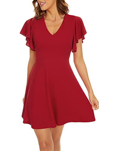 FANCYINN Damen A Linie Kleid V-Ausschnitt Elegant Sommerkleid Schmetterlingsärmel Freizeitkleid Knielang Swing Stretchy Kleider Rot L von FANCYINN