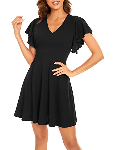 FANCYINN Damen A Linie Kleid V-Ausschnitt Elegant Sommerkleid Schmetterlingsärmel Freizeitkleid Knielang Swing Stretchy Kleider Schwarz L von FANCYINN