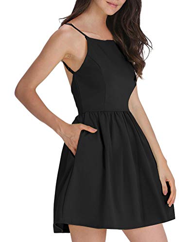 FANCYINN Damen Sommerkleid Armellos Spaghetti-Armband Kleider Elegant Rückenfreies Kurze Kleid Minikleid Schwarz S von FANCYINN