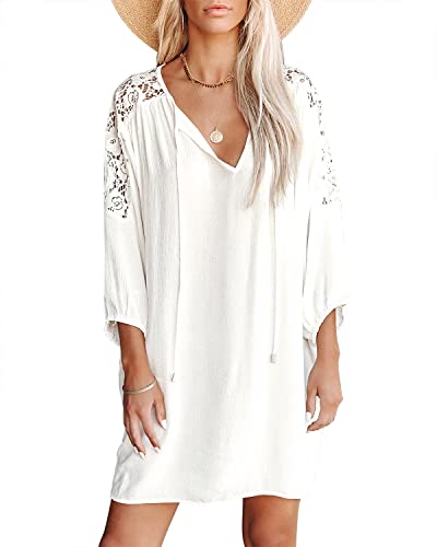 FANCYINN Damen Strandkleider Strand Vertuschen Shirt Bikini Tieneck Strandponcho Sommer Bademode Vertuschen Spitze Schulter Weiß L von FANCYINN