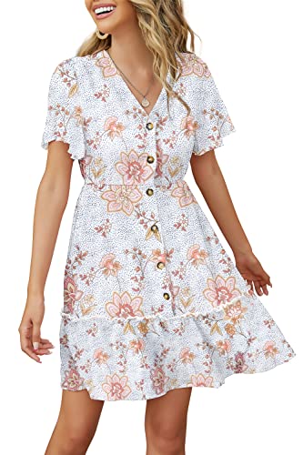 FANCYINN Damen Blumenmuster Sommer Kurzkleid Kurzärmeliges V-Ausschnitt Swing-Kleid Casual Knopfleiste Elastisch Taille Damenkleider Brauner Punkt- und Blumendruck L von FANCYINN