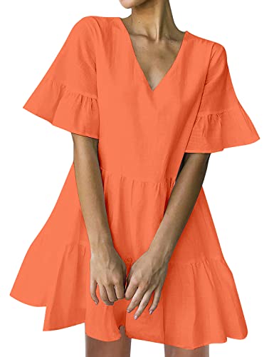 FANCYINN Damen Cute Shift Kleid mit Taschen Glockenärmel Rüschen Saum V Ausschnitt Lose Swing Tunika Minikleid Orange L von FANCYINN