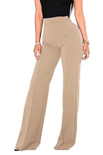 FANCYINN Damen Ease Into Comfort Hose mit geradem Bein Stretch-Arbeits-Casual-Business-Hose Fit Barely Boot Leg Stretch-Hose mit Bauchkontrolle Khaki leicht dünn L von FANCYINN