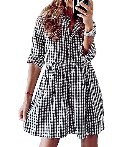 FANCYINN Damen Gingham Hemdkleid Langarm Button Down Tops Lässige Tunika Kariertes Minikleid Schwarz und weiß L von FANCYINN
