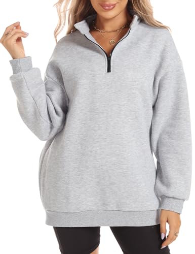 FANCYINN Damen Halbzip-Pullover Sweatshirts Revers Lange Ärmel Drop Shoulder Hoodie Lockerer Viertel-Zip Teenager Mädchen Sportoberteile Grau XL von FANCYINN