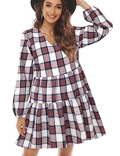 FANCYINN Damen Karo Kleid mit Bell Langarm Mini Rüschen Swing Kleid mit Taschen Rot und Weiß XS von FANCYINN