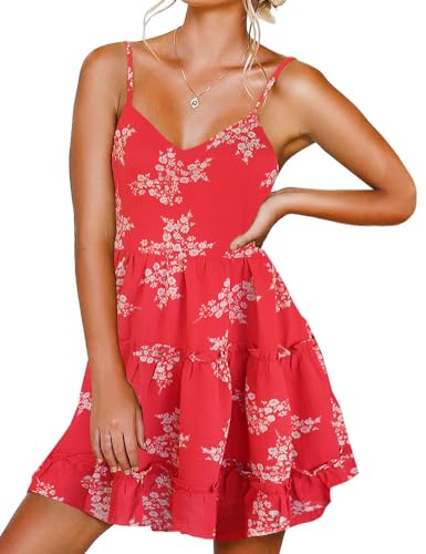 FANCYINN Damen Kleider mit V-Ausschnitt und Spaghettiträger Rückenfreies ärmelloses Blumenkleid Rüschen Loose Swing Freizeitkleid Weißer Blumendruck Rot S FANCYINN Damen Kleider mit V-Ausschnitt und Spaghettiträger Rückenfreies ärmelloses Blumenkleid Rüschen Loose Swing Freizeitkleid Weißer Blumendruck Rot S von FANCYINN