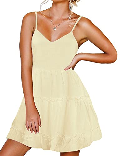 FANCYINN Damen Kleider mit V-Ausschnitt und Spaghettiträger Rückenfreies ärmelloses Blumenkleid Rüschen Loose Swing Freizeitkleid von FANCYINN