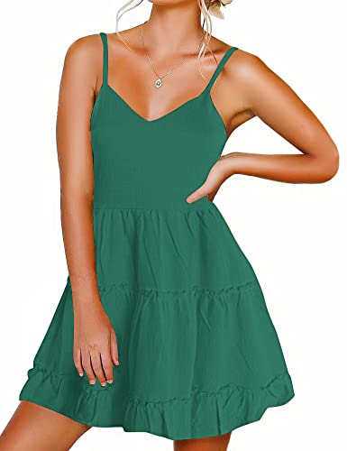 FANCYINN Damen Kleider mit V-Ausschnitt und Spaghettiträger Rückenfreies ärmelloses Blumenkleid Rüschen Loose Swing Freizeitkleid von FANCYINN