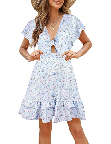 FANCYINN Damen Kurzarm Sommerkleid Blumen Strandkleid V-Ausschnitt Boho Rückenfreies A-Linien Kleid Minikleid Blaue Basis und kleines Blumenmuster M von FANCYINN