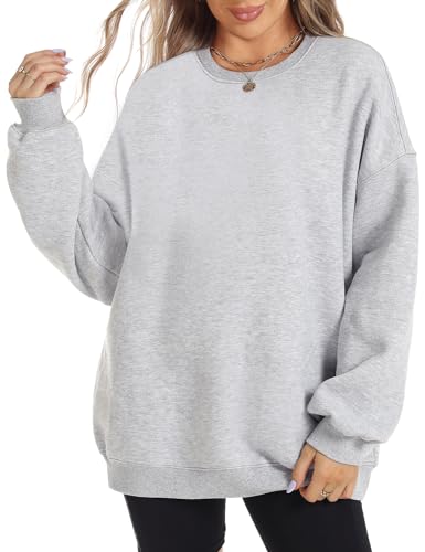 FANCYINN Damen Lässige Rundhalsausschnitt Sweatshirts Langarm Lose Passform Pullover Weiche Einfarbiges Fleece Hoodie Herbst Winter Tops Grau M von FANCYINN