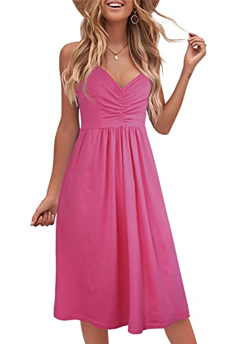 FANCYINN Damen Lässiges Stretchkleid Spaghettiträger V-Ausschnitt Push-Up-Büste A-Linie Taschen-Sommer-Sommerkleid Purpurrot M von FANCYINN