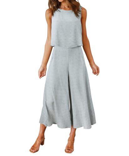 FANCYINN Damen Lang Jumpsuit Sommer 2-Teiliges Overall Elegant Hosenanzug Ärmellos Rundhals Tanktop Gekürzte Bein Romper Grau Blau Schweizer Punkt M von FANCYINN
