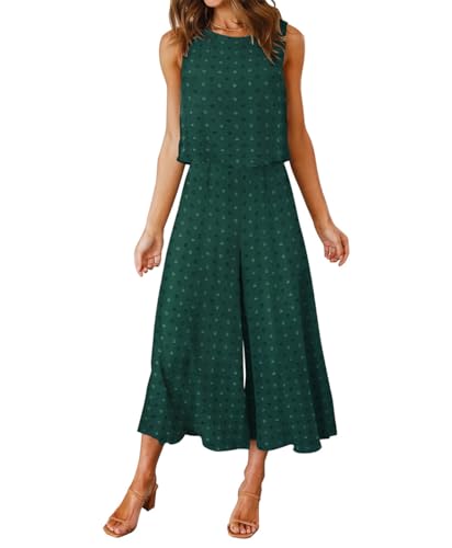 FANCYINN Damen Lang Jumpsuit Sommer 2-Teiliges Overall Elegant Hosenanzug Ärmellos Rundhals Tanktop Gekürzte Bein Romper Grüner Schweizer Punkt XXL von FANCYINN