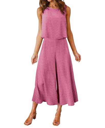 FANCYINN Damen Lang Jumpsuit Sommer 2-Teiliges Overall Elegant Hosenanzug Ärmellos Rundhals Tanktop Gekürzte Bein Romper Rosa Schweizer Punkt L von FANCYINN