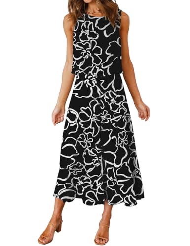 FANCYINN Damen Lang Jumpsuit Sommer 2-Teiliges Overall Elegant Hosenanzug Ärmellos Rundhals Tanktop Gekürzte Bein Romper Schwarz mit Weiße Blume M von FANCYINN