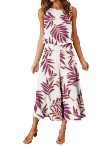 FANCYINN Damen Lang Jumpsuit Sommer 2-Teiliges Overall Elegant Hosenanzug Ärmellos Rundhals Tanktop Gekürzte Bein Romper Weiß mit Violette Blätter L von FANCYINN