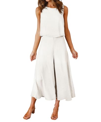 FANCYINN Damen Lang Jumpsuit Sommer 2-Teiliges Overall Elegant Hosenanzug Ärmellos Rundhals Tanktop Gekürzte Bein Romper Weißer Schweizer Punkt M von FANCYINN
