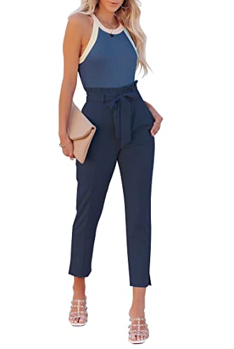 FANCYINN Damen Paperbag Hosen und Ringerrücken Oberteil Shirt Zweiteiler High Waist Bindegürtel Casual Hose mit Taschen Baumwolle Rundhalsausschnitt Lange Basic Tank Top Blau L von FANCYINN