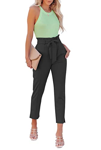 FANCYINN Damen Paperbag Hosen und Ringerrücken Oberteil Shirt Zweiteiler High Waist Bindegürtel Casual Hose mit Taschen Baumwolle Rundhalsausschnitt Lange Basic Tank Top Grün L von FANCYINN