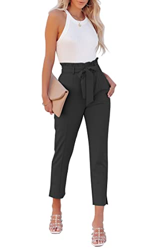 FANCYINN Damen Paperbag Hosen und Ringerrücken Oberteil Shirt Zweiteiler High Waist Bindegürtel Casual Hose mit Taschen Baumwolle Rundhalsausschnitt Lange Basic Tank Top Weiß XL von FANCYINN