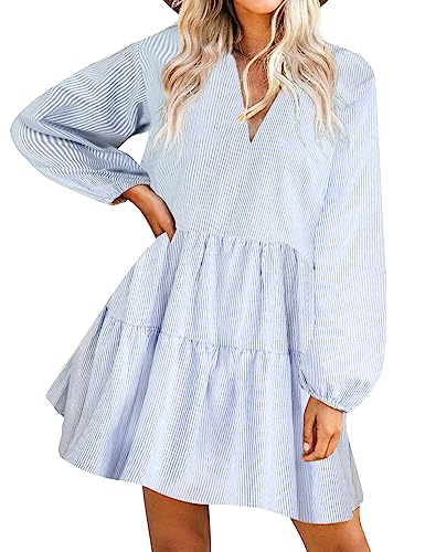 FANCYINN Damen Rüschen Glockenärmel Etuikleid Babydoll Leinen Casual Minikleid mit Taschen Langarm Blau Nadelstreifen S von FANCYINN