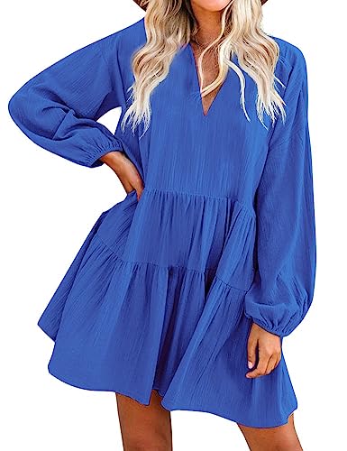 FANCYINN Damen Rüschen Glockenärmel Etuikleid Babydoll Leinen Casual Minikleid mit Taschen Langarm Dunkelblau L von FANCYINN