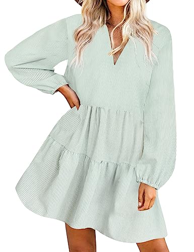 FANCYINN Damen Rüschen Glockenärmel Etuikleid Babydoll Leinen Casual Minikleid mit Taschen Langarm Grün Nadelstreifen M von FANCYINN