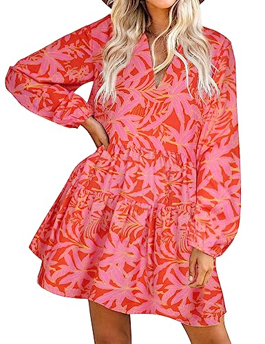 FANCYINN Damen Rüschen Glockenärmel Etuikleid Babydoll Leinen Casual Minikleid mit Taschen Langarm Rosa Blumen L von FANCYINN