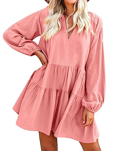 FANCYINN Damen Rüschen Glockenärmel Etuikleid Babydoll Leinen Casual Minikleid mit Taschen Langarm Rosa L von FANCYINN