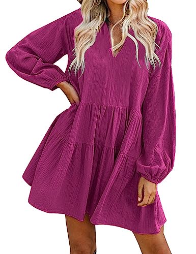 FANCYINN Damen Rüschen Glockenärmel Etuikleid Babydoll Leinen Casual Minikleid mit Taschen Langarm Weinrot L von FANCYINN