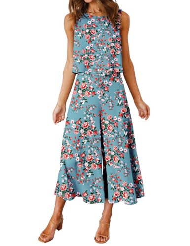 FANCYINN Damen Sommer 2-teiliges Outfit Jumpsuit Elegant Ärmelloses Rundhals Tanktop gekürzte Weite Beinhose Blaugrün mit roten Blumen XS von FANCYINN