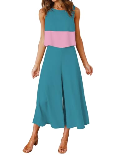 FANCYINN Damen Sommer 2-teiliges Outfit Jumpsuit Elegant Ärmelloses Rundhals Tanktop gekürzte Weite Beinhose Blaugrünes pinkes Oberteil & blaugrüne Hose XXL von FANCYINN