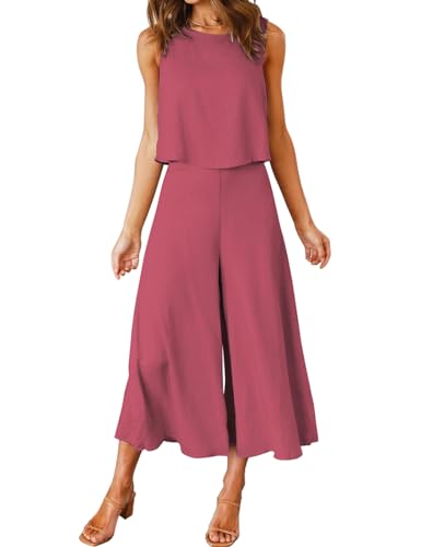 FANCYINN Damen Sommer 2-teiliges Outfit Jumpsuit Elegant Ärmelloses Rundhals Tanktop gekürzte Weite Beinhose Dunkelviolett Rot M von FANCYINN